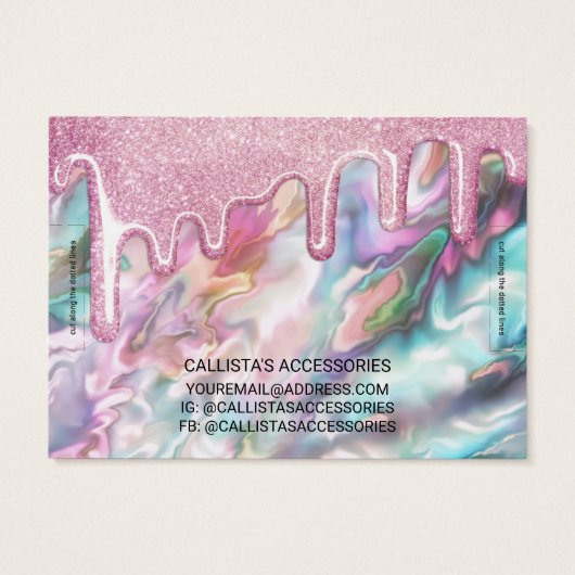 Roze Turkoois Parel Opal Glitter Drips Logo Armban Visitekaartje (Achterkant)