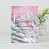 Roze Turkoois Parel Opal Glitter Drips Quinceañera Kaart (Staand voorkant)