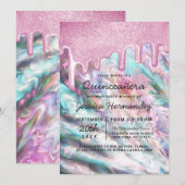 Roze Turkoois Parel Opal Glitter Drips Quinceañera Kaart (Voorkant / Achterkant)