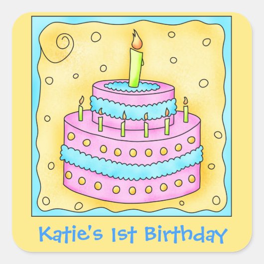 Roze Turquoise 1st Happy Birthday Cake Vierkante Sticker (Voorkant)