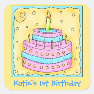 Roze Turquoise 1st Happy Birthday Cake Vierkante Sticker