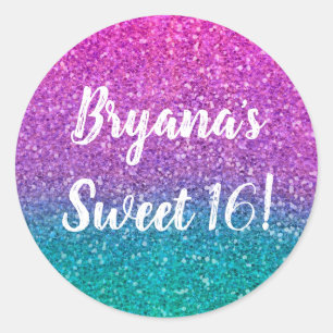 Roze Turquoise Aqua Blauwe & Paarse Glitterende Gl Ronde Sticker