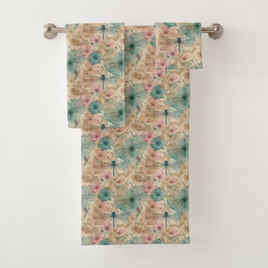 Roze Turquoise Beige Aquarel Bloemen Libellen  Bad Handdoek (Insitu)