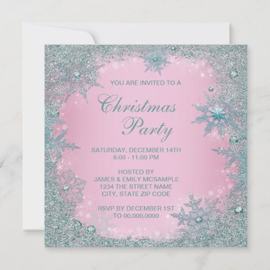 Roze Turquoise Blauwe Sneeuwvlok Kerstfeestje Kaart (Voorkant)