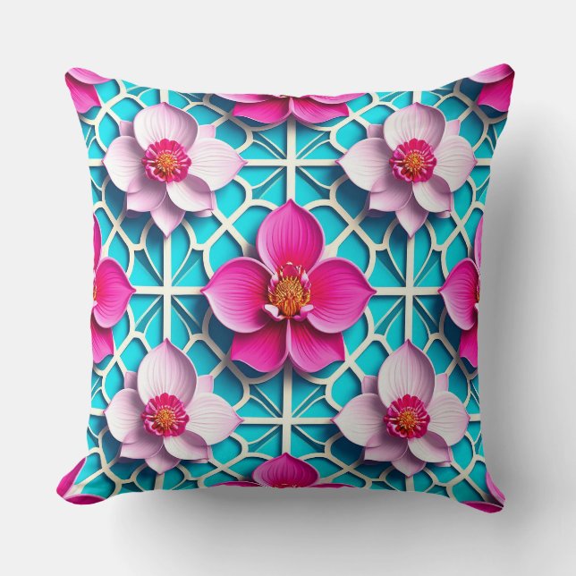 Roze Turquoise Bloem Geometrische Bloem Kussen (Voorkant)