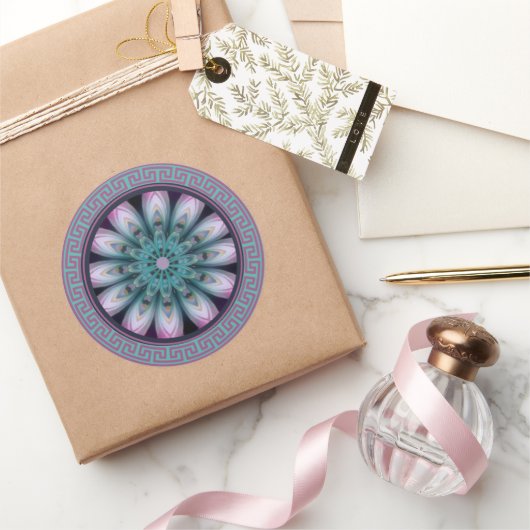 Roze & Turquoise Bloem Mandala Ronde Sticker (Geschenken)