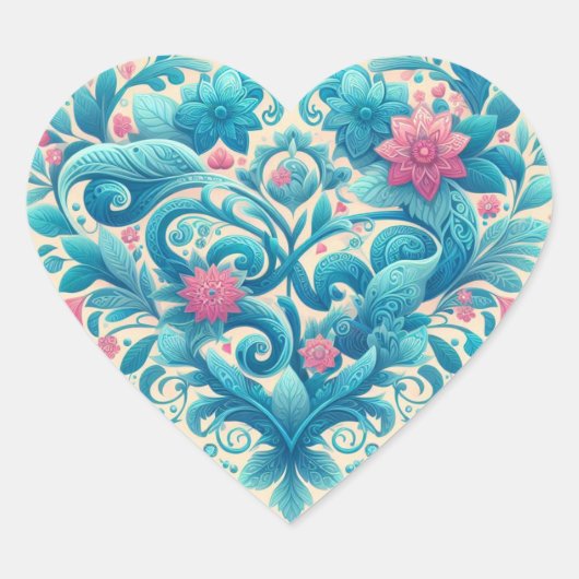 Roze & Turquoise Bloemhart Hart Sticker (Voorkant)