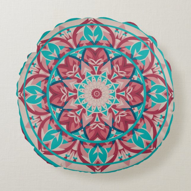 Roze & Turquoise Boho Mandala   Rond Kussen (Voorkant)