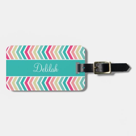 Roze Turquoise Chevron Naam Bagagelabel (Voorkant horizontaal)