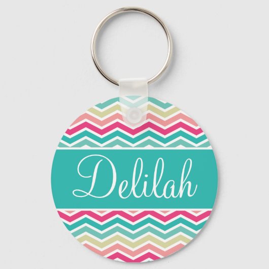 Roze Turquoise Chevron Naam Sleutelhanger (Voorkant)