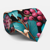 Roze Turquoise Cream Flowers and Berries Stropdas (Opgerold)