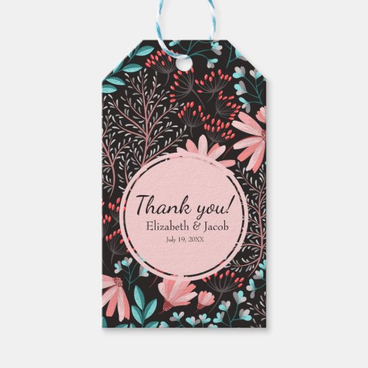 Roze & Turquoise Donkere Bloemige Trouw Dank je Cadeaulabel (Voorkant)