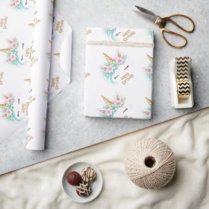 Roze & Turquoise Eenhoorn Meisje Verjaardag Cadeaupapier
