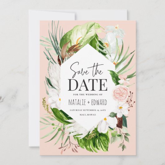Roze, turquoise en orchidee tropische bloem save the date (Voorkant)