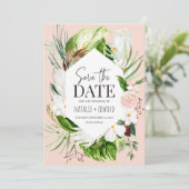 Roze, turquoise en orchidee tropische bloem save the date (Staand voorkant)