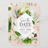 Roze, turquoise en orchidee tropische bloem save the date (Voorkant / Achterkant)