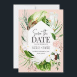 Roze, turquoise en orchidee tropische bloem save the date<br><div class="desc">Roze,  turquoise en orchidee tropisch bloemmotief. Mooie moderne script tekst. Maakt deel uit van een collectie.</div>