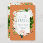 Roze, turquoise en orchidee tropische bloem save the date (Voorkant / Achterkant)
