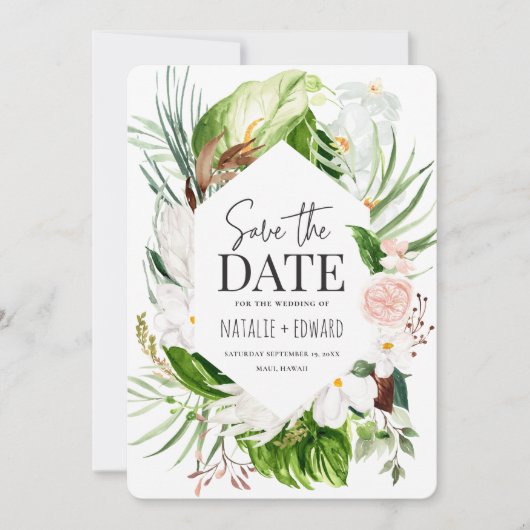 Roze, turquoise en orchidee tropische bloem save the date (Voorkant)