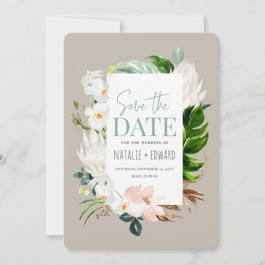 Roze, turquoise en orchidee tropische bloem save the date (Voorkant)