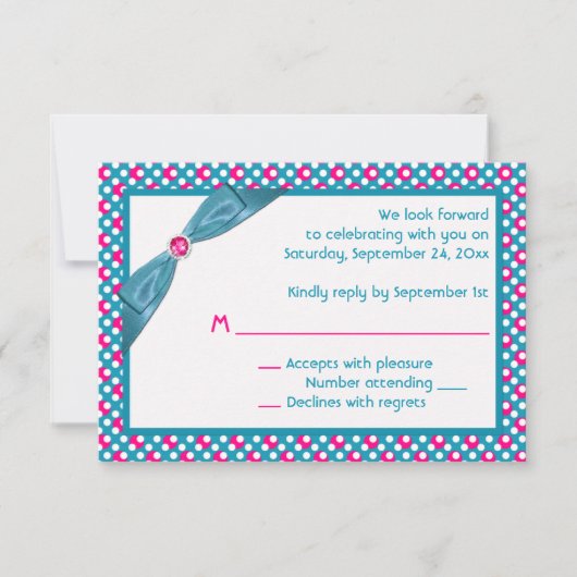 Roze, Turquoise en White Polka Dot Reply Card RSVP Kaartje (Voorkant)