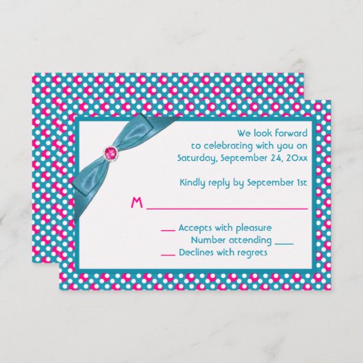 Roze, Turquoise en White Polka Dot Reply Card RSVP Kaartje (Voorkant / Achterkant)