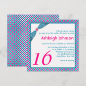 Roze, Turquoise en White Polka Dot Sweet 16 Kaart (Voorkant / Achterkant)