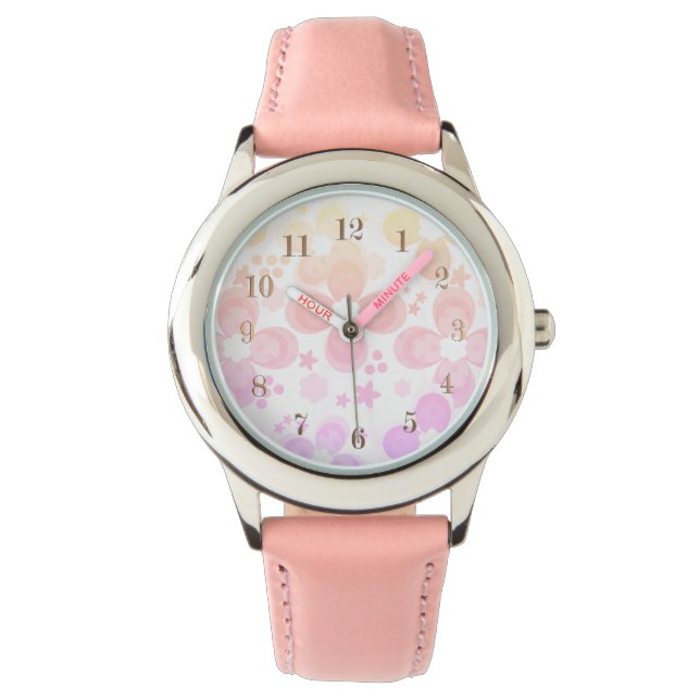Roze, turquoise, floraal horloge (Voorkant)