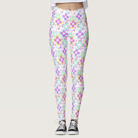 Roze, turquoise, floraal leggings (Voorkant)