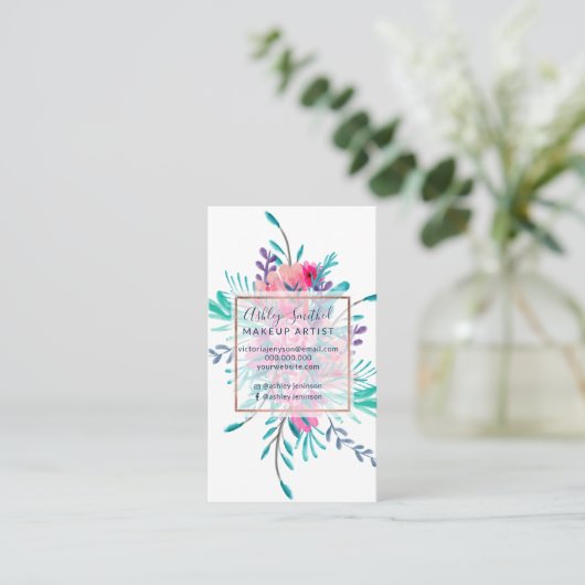 Roze turquoise floral waterverf roos goudmake-up visitekaartje (Staand voorkant)