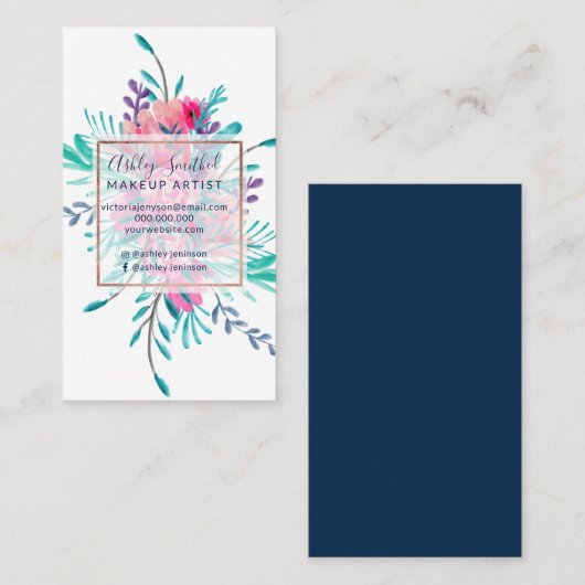 Roze turquoise floral waterverf roos goudmake-up visitekaartje (Voorkant / Achterkant)