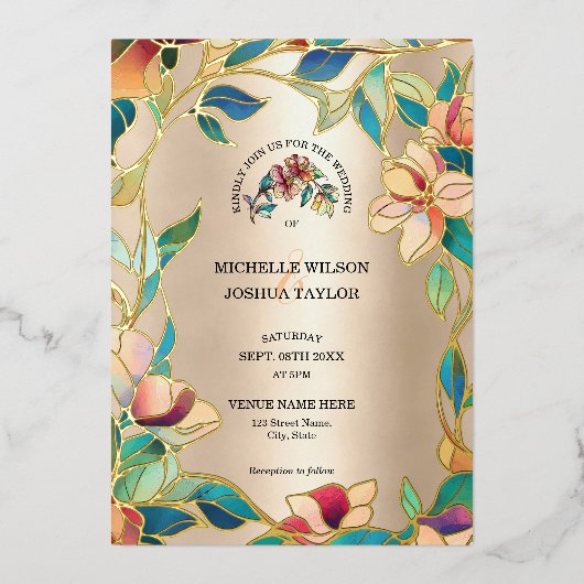  Roze Turquoise Glas in lood Art Nouveau Folie Uitnodiging (Voorkant)