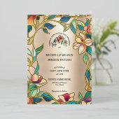  Roze Turquoise Glas in lood Art Nouveau Folie Uitnodiging (Staand Voorkant)