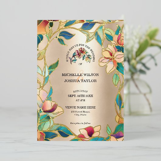  Roze Turquoise Glas in lood Art Nouveau Folie Uitnodiging (Staand Voorkant)