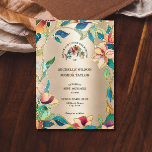  Roze Turquoise Glas in lood Art Nouveau Folie Uitnodiging