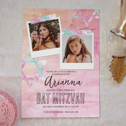 Roze Turquoise Glitter Bat Mitzvah Foto Kaart