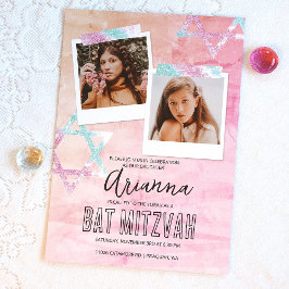 Roze Turquoise Glitter Bat Mitzvah Foto Kaart