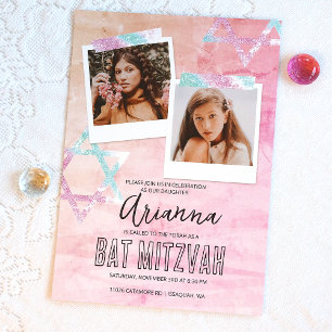 Roze Turquoise Glitter Bat Mitzvah Foto Kaart