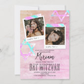 Roze Turquoise Glitter Bat Mitzvah Foto Kaart (Voorkant)