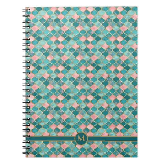 Roze Turquoise Goud Patroon Elegant Gepersonalisee Notitieboek (Voorkant)
