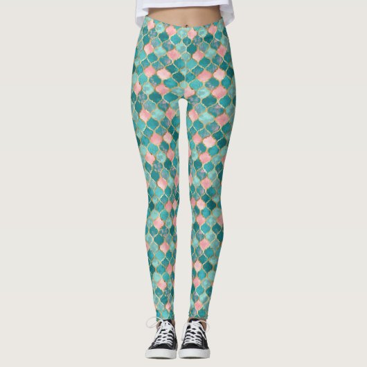 Roze Turquoise Goud Patroon Elegant Leggings (Voorkant)