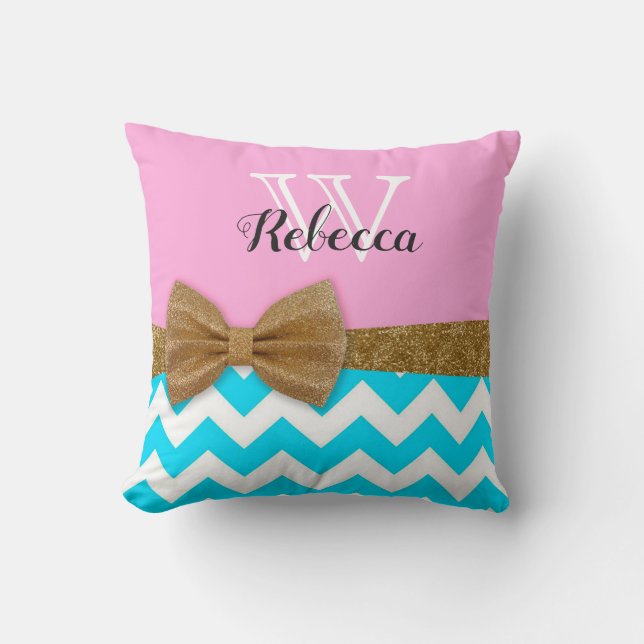 Roze Turquoise Gouden Glitter Monogramme Kussen (Voorkant)