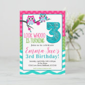 Roze Turquoise & Green Summer Owl 3rd Birthday Kaart (Staand voorkant)