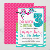 Roze Turquoise & Green Summer Owl 3rd Birthday Kaart (Voorkant / Achterkant)