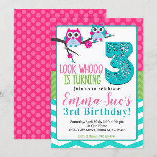 Roze Turquoise & Green Summer Owl 3rd Birthday Kaart