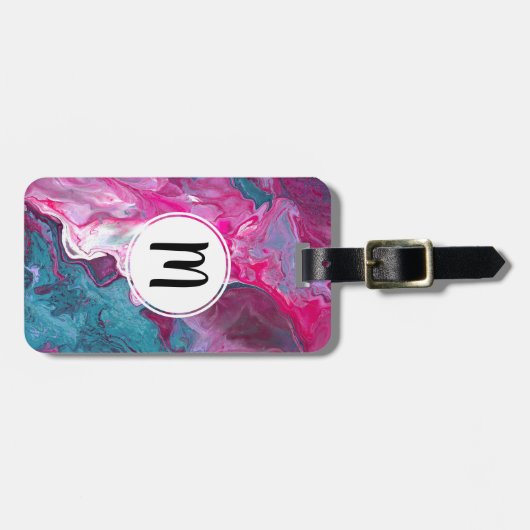 Roze Turquoise Marmer Pour Schilderij Kunst Monogr Bagagelabel (Voorkant horizontaal)