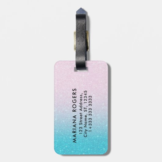 Roze & Turquoise Ombre Faux Glitter Bagagelabel (Achterkant verticaal)