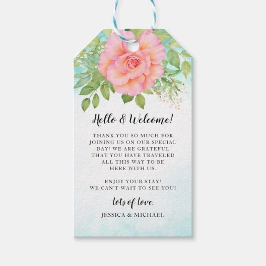 Roze Turquoise Ombre Floral Roos Weddenschap Welko Cadeaulabel (Voorkant)