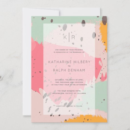 Roze turquoise penseelstreken bruiloft uitnodiging (Voorkant)