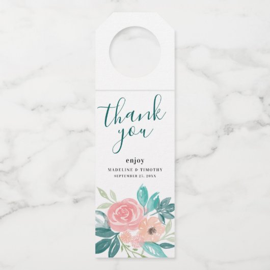 Roze Turquoise Perzik Botanische Boeket Trouwgunst Flessenhanger (Voorkant)